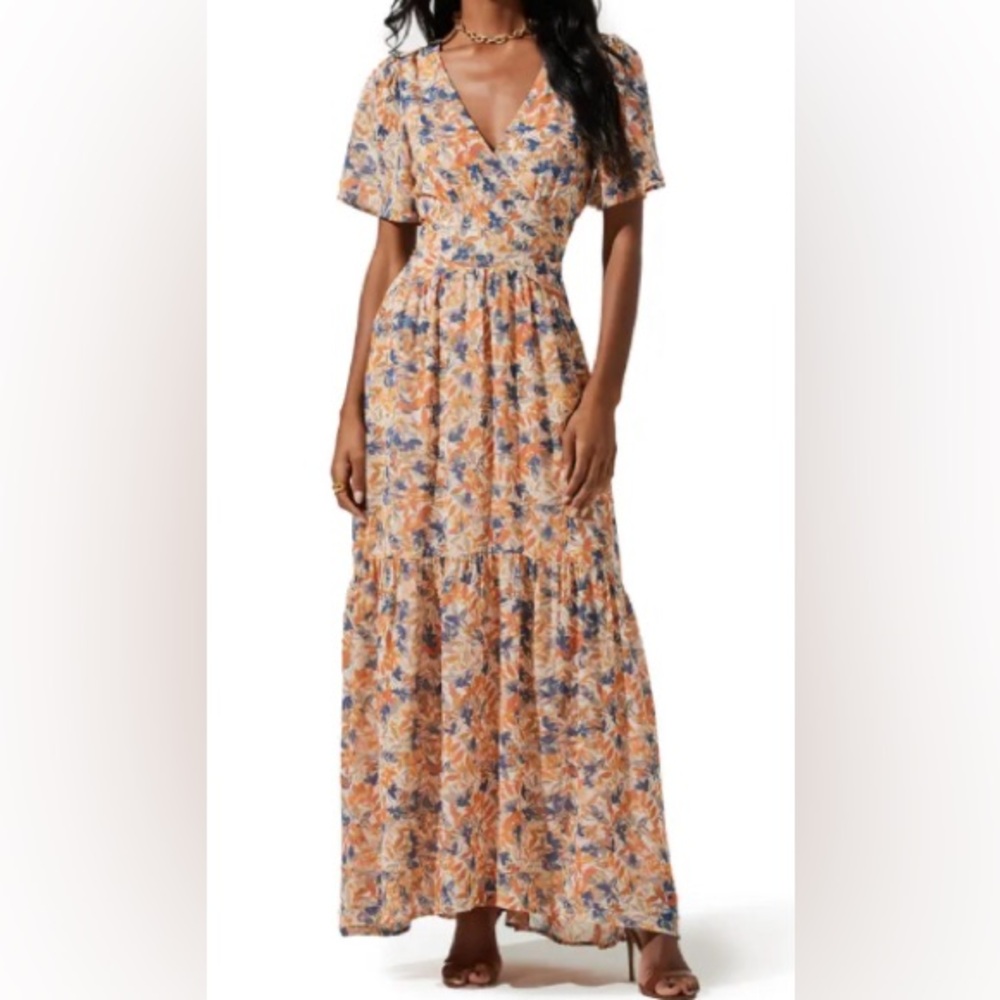 ASTR SEDONA FLORAL BACK CUTOUT MAXI DRESS BLUE CORAL FLORAL SIZE M